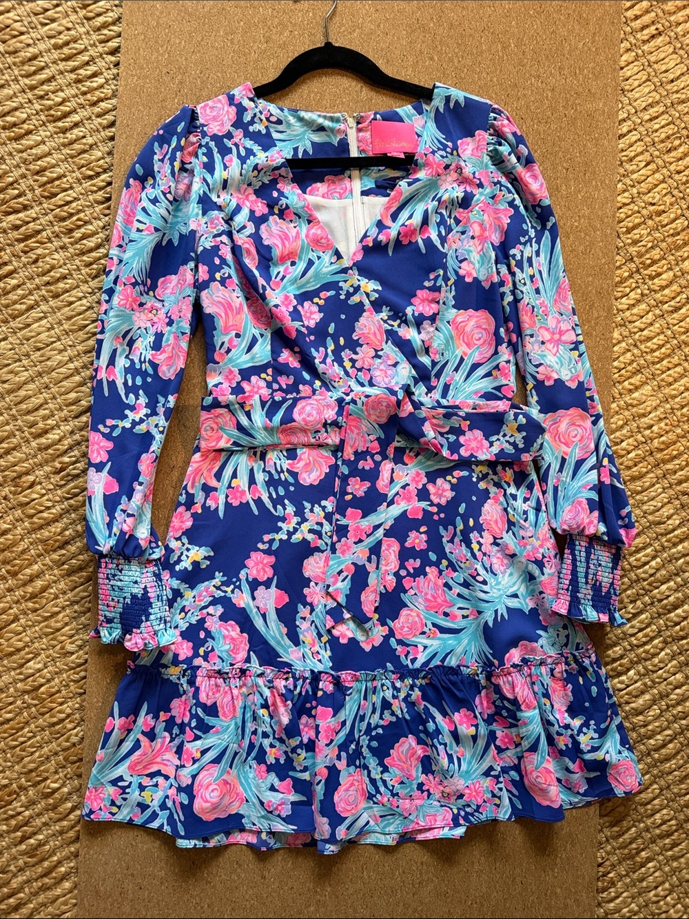 Lilly Pulitzer Navy Floral Wrap Dress with Pink & Aqua Print - Picture 2 of 4